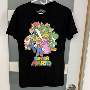 Super Mario Engine Black Crewneck Tee with White Care Print